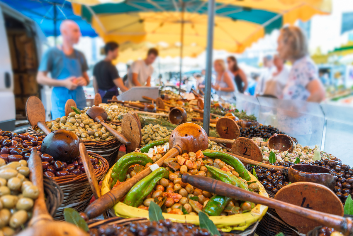 Olives on provencal street farmers market in Provence